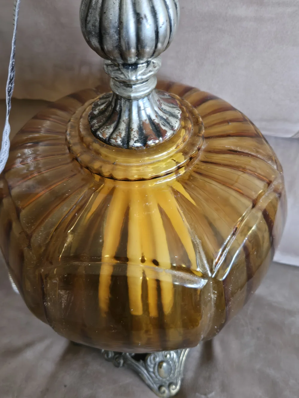 Amber Glass Table Lamp with Ornate Metal Base - Brand Unspecified